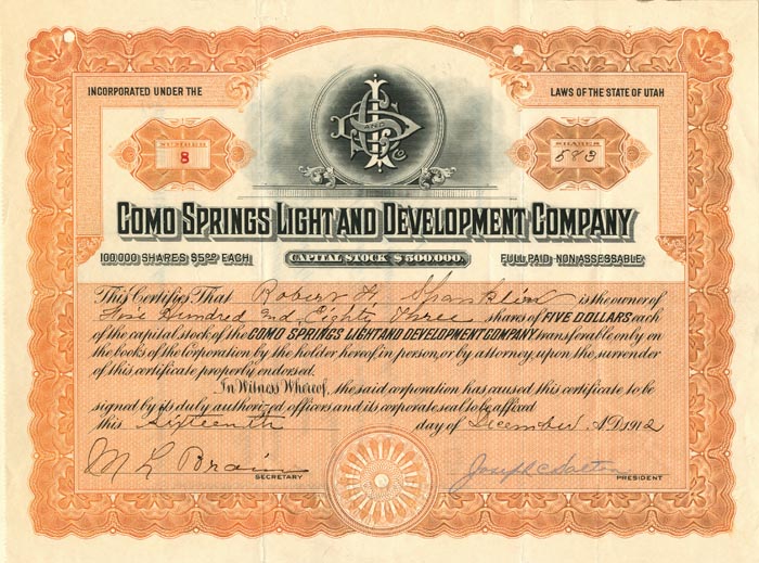 Como Springs Light and Development Co. - Stock Certificate
